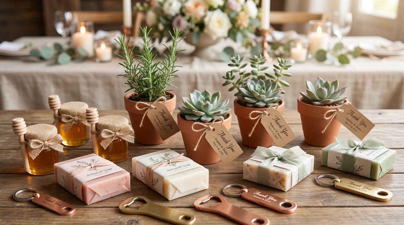 cadeau-invite-mariage-idees Cadeau invité mariage : pots de miel, savons, plantes grasses et décapsuleurs gravés sur une table en bois