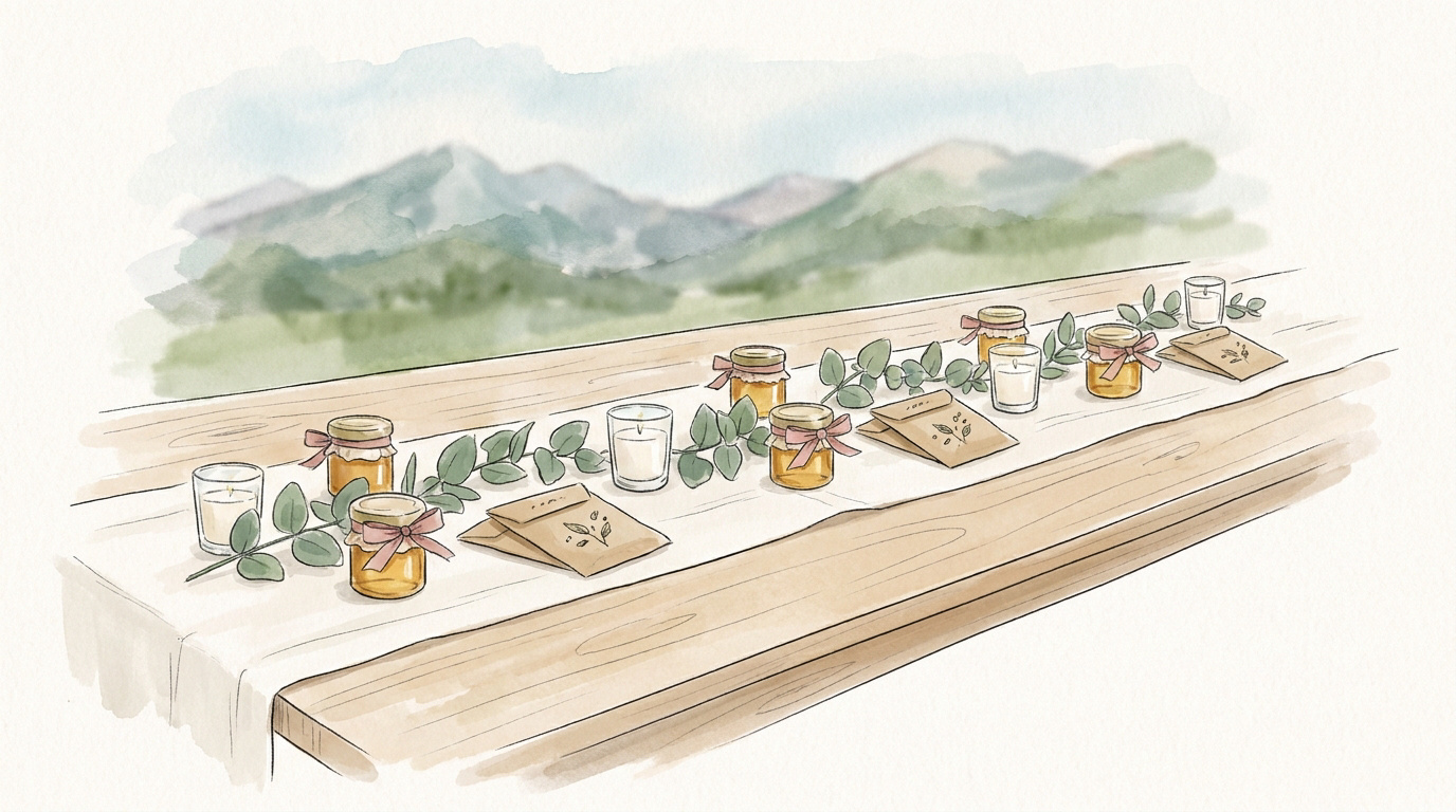 Illustration de cadeau invité mariage : pots de miel et sachets de graines, sur une table face aux Pyrénées