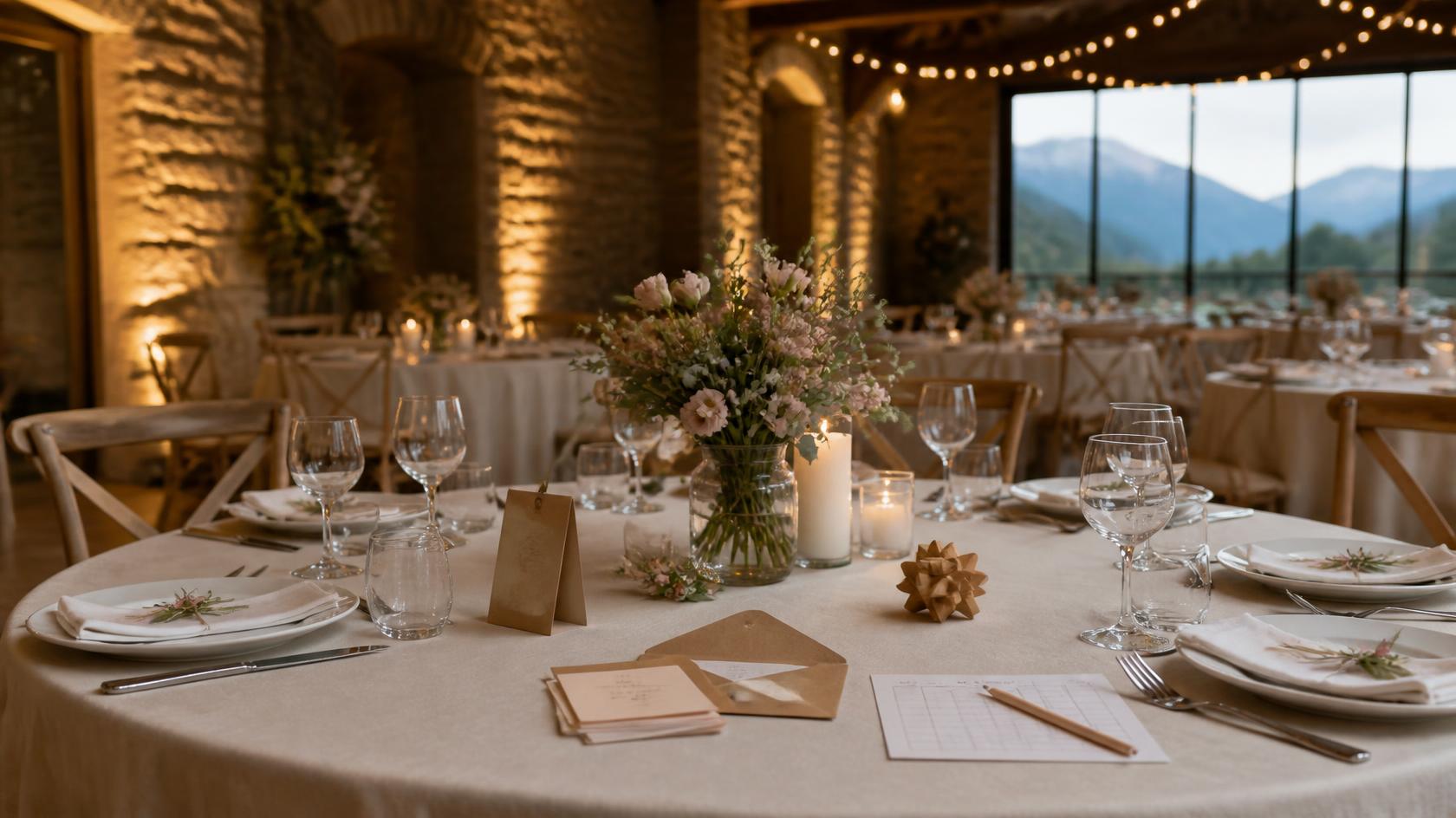 Animation repas mariage : table dressée avec cartes de jeu, grille de bingo et casse-tête en bois, face aux Pyrénées