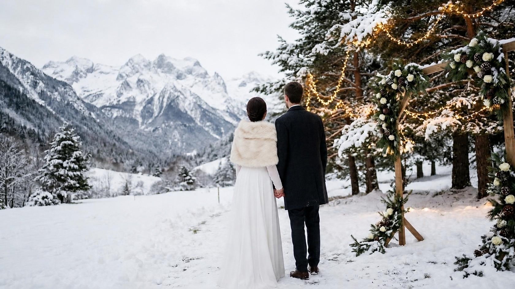 Mariage en hiver dans les Hautes-Pyrénées Mariés de dos devant les montagnes enneigées, arche fleurie et guirlandes lumineuses pour un mariage en hiver