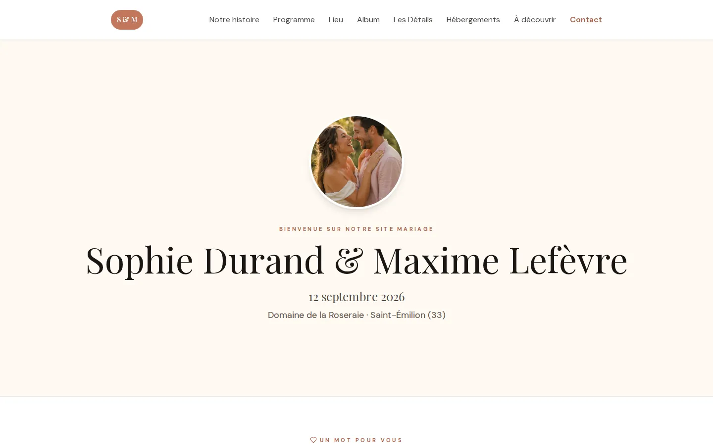 Accueil d’un site de mariage créé avec Ls Events : photo du couple, date et lieu de la réception