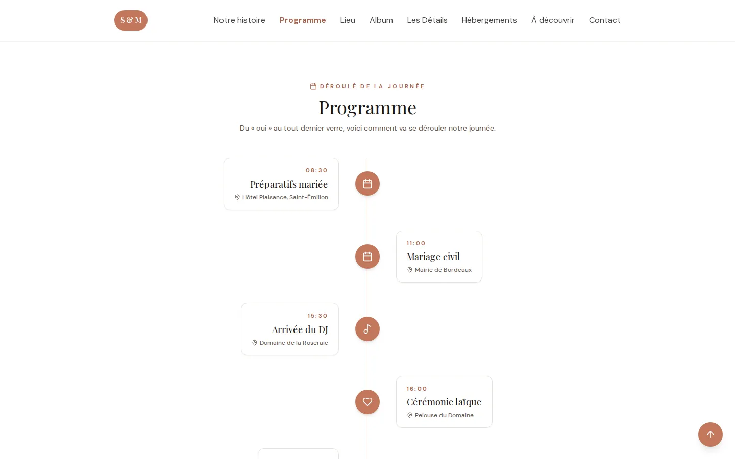 Programme de la journée sur un site de mariage Ls Events, heure par heure