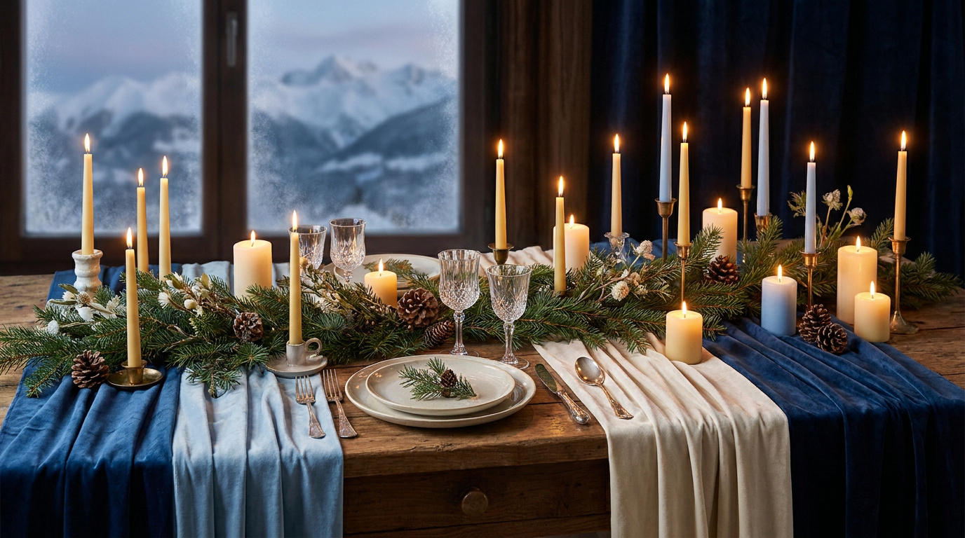 Décoration de table de mariage hivernale avec bougies et branches de sapin dans les Hautes-Pyrénées