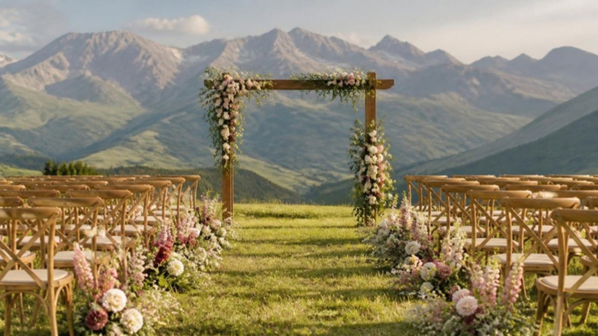 Arche fleurie et chaises en bois alignées pour une cérémonie laïque dans une prairie face aux Pyrénées