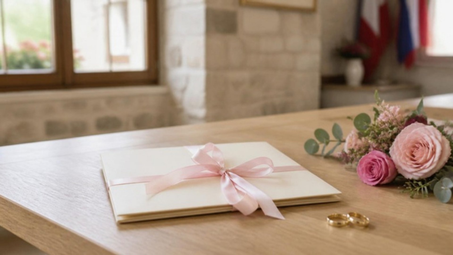 dossier-mariage-mairie Dossier mariage mairie noué d’un ruban rose sur une table en bois, avec alliances et bouquet de roses
