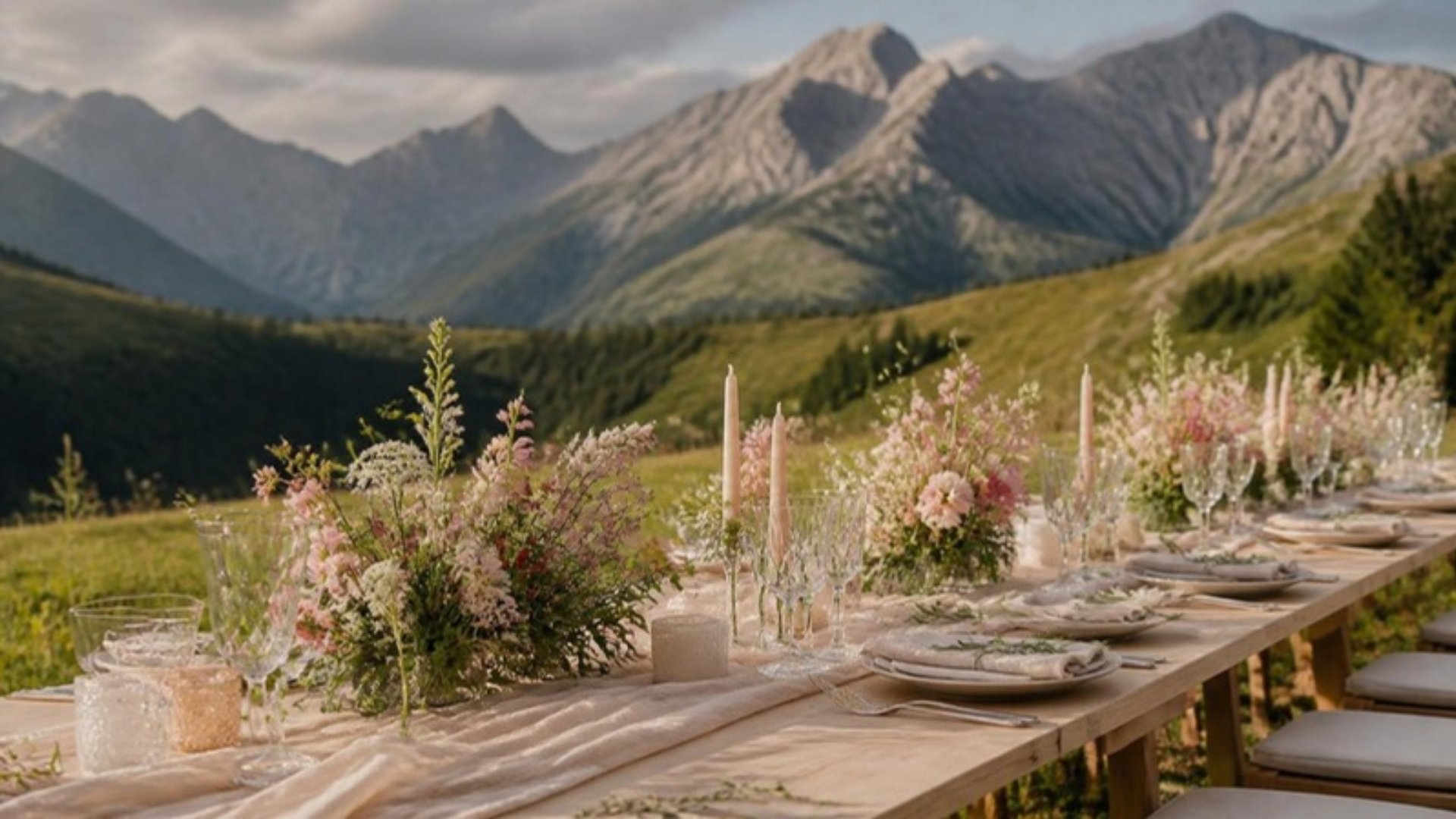 Table de mariage à la montagne dressée dans un alpage, fleurs des champs et bougies face aux sommets des Pyrénées