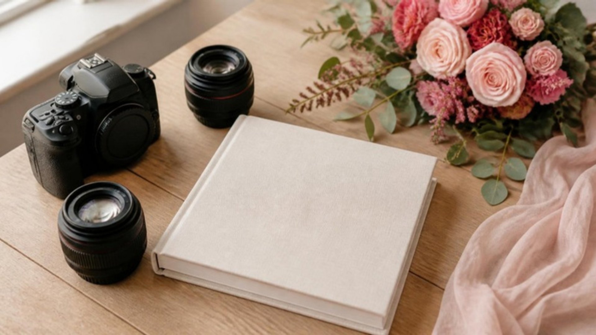 Appareil photo, objectifs et album de mariage sur une table en bois, bouquet de roses poudrées