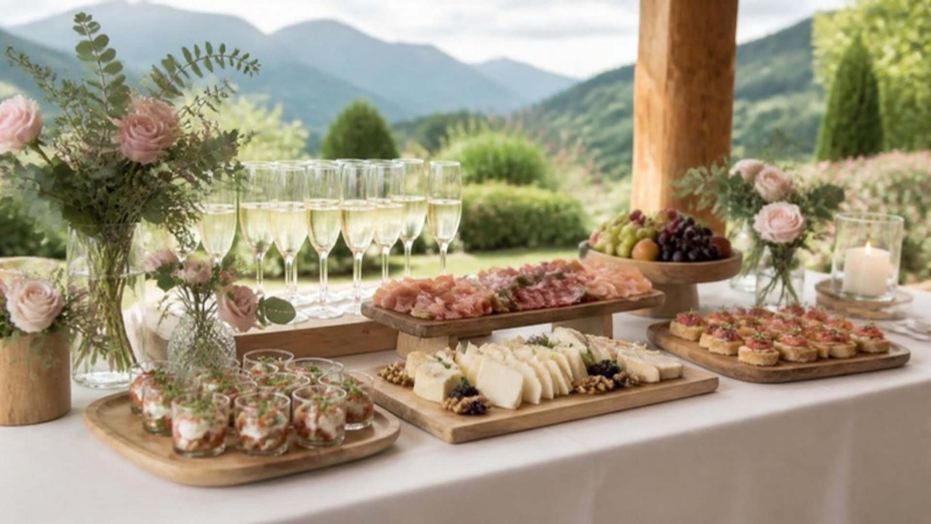 Buffet de traiteur pour un mariage : verrines, charcuterie, fromages et coupes de champagne face aux montagnes